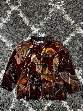 Vintage 90s Clio Velvet Asian Fan Print Frog Closure Mandarin Jacket Womens L